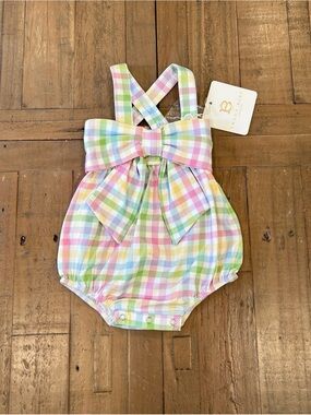 Swoon Baby Oversized Bow Bubble Romper 3 Months Rainbow Checkered Plaid New